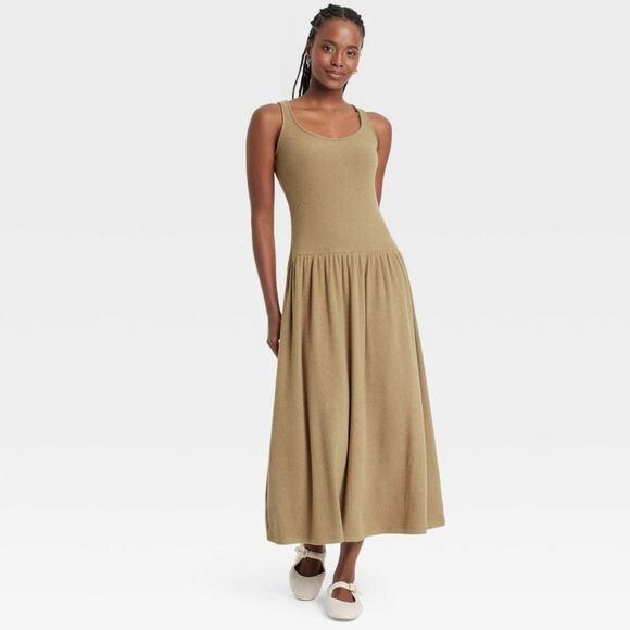 Universal Thread Women's Ribbed Drop Waist Knit Midi Slip Dress Brown Size Small - Picture 1 of 6